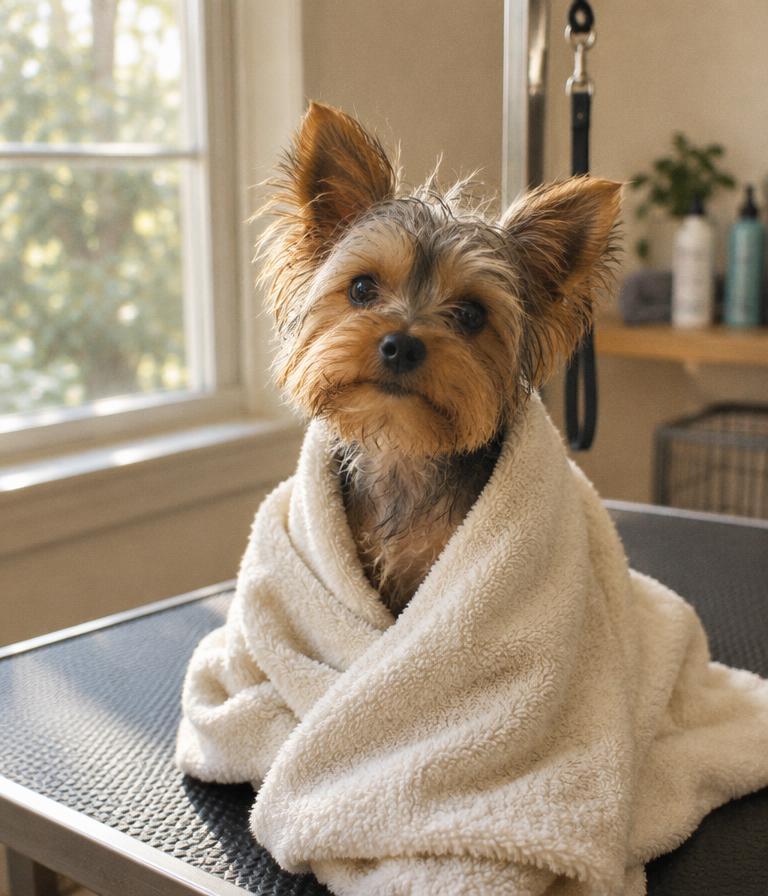A small dog wrapped in a towel after a bath