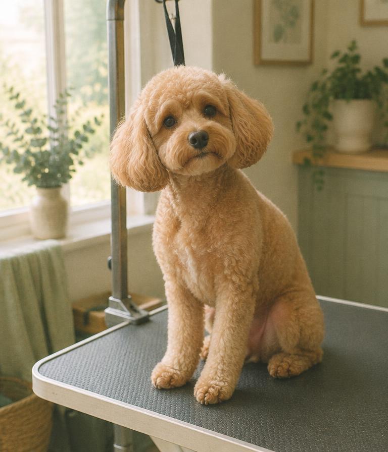 A cat on the grooming table